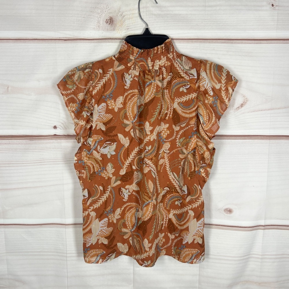 J JOIE Top Women XS Orange Paisley Chiffon Blouse Flutter Sleeve Mock Neck Lined